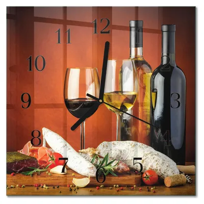 Immagine prodotto di Orologio da parete Tulup Glasuhr, orologio da cucina, vetro vero, 30x30 cm, design moderno e decorativo, silenzioso, con lancette nere - motivo: vino