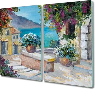 Produktbild von Coloray Hackbrett Herdabdeckplatte 2x30x52 cm Küchenbrett Kochplattenabdeckung Schneidebrett - Stadt Blumen Himmel