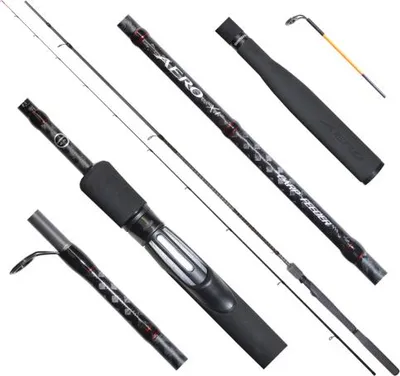 A collage of fishing rods and parts against a white background.