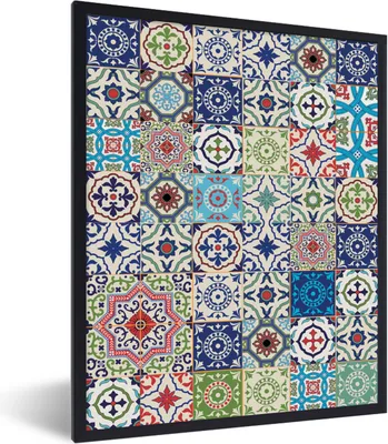 Produktbild von MuchoWow® Gerahmtes Poster Blumen - Muster - Grün - Blau 60x80 cm - Poster mit Schwarzem Bilderrahmen Wandposter Rahmen Foto Bilder - Premium - Wanddeko Wohnzimmer