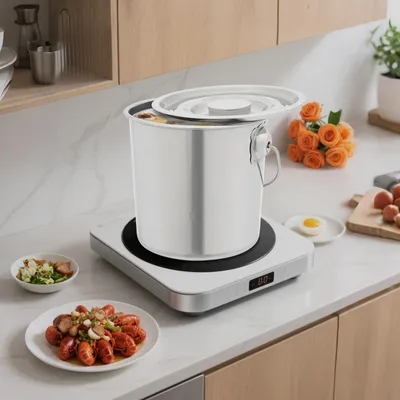 Image de Seau en acier inoxydable - Seau de cuisine 6 L - Avec couvercle et poignée - Pour aliments, huile/lait/eau - Restauration et ménage - Blanc