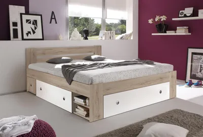 Produktbild von Bett Bettgestell Ehebett Bettanlage Kojenbett "Robina I" Eiche San Remo / Weiß