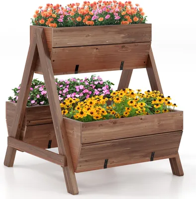 Zdjęcie produktu dla Pionowa rabata COSTWAY z 2 poziomami, 3 drewnianymi skrzynkami na rośliny, otworami drenażowymi, stojakiem na rośliny 66x73x73cm