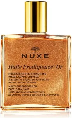 A clear, well-lit studio shot of a bottle of Nuxe Huile Prodigieuse Or.