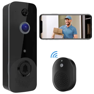 Obrázek produktu pro videozvonek 1080P WiFi s nočním viděním, detekcí pohybu PIR, obousměrným zvukem, cloudovým úložištěm a napájením z baterie. Včetně zvonku