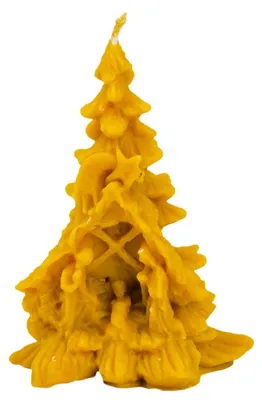 Immagine prodotto di Candela grande a forma di albero di Natale con scena della natività, realizzata al 100% con cera d'api naturale
