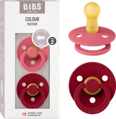 Produktbild von BIBS Colour Schnuller 2er-Pack, BPA-frei, Kirschform Nippel. Naturkautschuk / Latex, Hergestellt in Dänemark. Größe 2 (6-18 Monate), Coral / Ruby