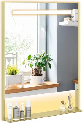 Produktbild von COSTWAY Badspiegel mit Beleuchtung, Badezimmerspiegel rechteckig mit Ablage&Anti-Beschlag-Funktion, Spiegel Bad, 3 Lichtfarben, Gold, 80x60 cm