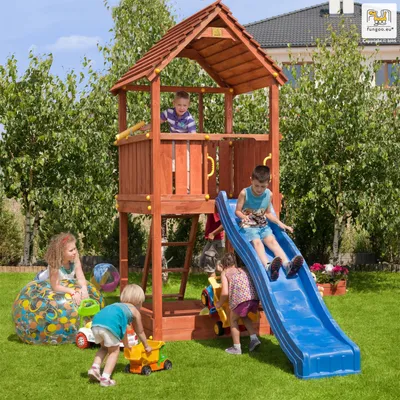 Produktbild von Fungoo Spielturm / Gartenspielhaus JOY, mit Rutsche 2,2m & Sandkasten; 00555