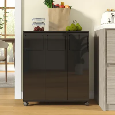 Productafbeelding van Afvalscheidingskast 3-vaks, verrijdbare afvalkast met 3 deuren, 4 zwenkwielen met rem, roestvrijstalen houder, deuren 180° draaibaar, 69,3 x 35 x 80,3 cm, hoogglans zwart, MDF