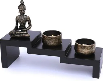 Productafbeelding van Unyqoos® Zen-tuin set met zittende Boeddha-beeldje – Japanse miniatuurtuin, Feng Shui wierookbrander van natuurlijk hout, zwart, inclusief 3 wierookstokjes, 2 theelichthouders en 2 theelichthouders met theelichtjes