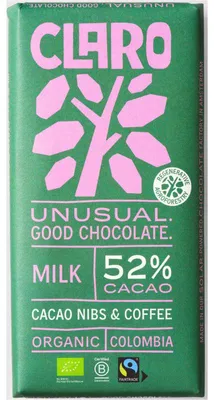 Produktbild von Claro Schokoladenriegel 52% Milchschokolade mit Kakaonibs & Kaffee, 80g