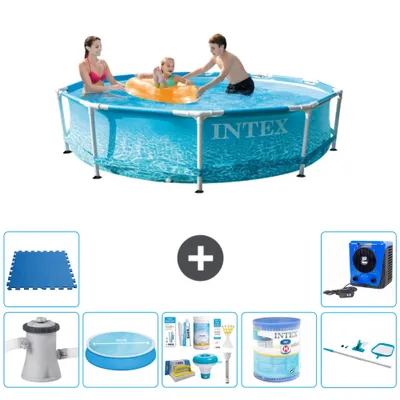 Produktbild von Intex Rundrahmen-Schwimmbecken – 305 x 76 cm – Wasserdruck – inklusive Pumpe Sonnensegel - Wartungspaket - Filter - Reinigungskit - Bodenfliesen - Wärmepumpe