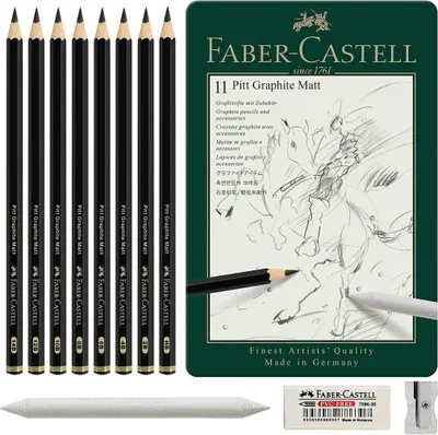A set of Faber-Castell Pitt Graphite Matt pencils and accessories, including a sharpener and blending stump, displayed on a white background.