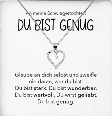 Produktbild von 22Feels Schwiegertochter Geschenk Herz Halskette mit Karte Du Bist Genug Frauen Hochzeit Muttertag Geburtstag Weihnachten Damen Collier (Damen Silber 925/000 Schmuck)