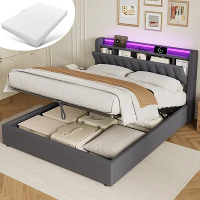 Produktbild von MODFU Polsterbett 160 x 200 Jugendbett mit Matratze,LED-Licht und Steckdosen,Boxspringbett Bettgestell mit Bettkasten,Stauraumbett,Grau