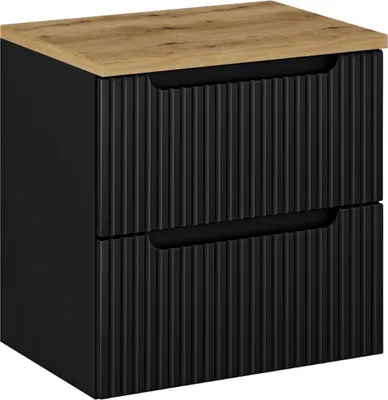 A black nightstand with a wooden top and fluted drawer fronts, shown against a white background.