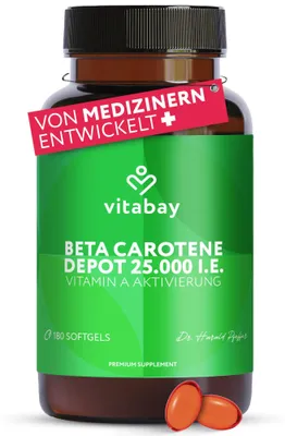Produktbild von Vitabay Beta Carotin Bräunungskapseln Hochdosiert 25.000 I.E. Depot – 180 Softgels – Natürlich aus Dunaliella salina Alge – Provitamin A – Vegan, Labor – Vorrat für 18 Monate