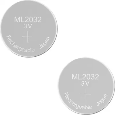 Two ML2032 rechargeable batteries are shown against a white background.