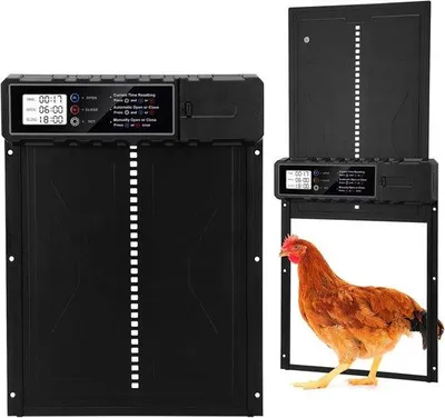 Immagine prodotto di Pollaio automatico - Grande, alimentato a batteria, in alluminio, con display LED, resistente agli agenti atmosferici, con timer e controllo manuale - Colore nero