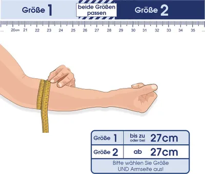 An illustration showing how to measure an arm for sizing, with a chart indicating sizes.