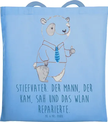 Produktbild von Mr. & Mrs. Panda Tote Bag Stiefvater Held - Sky Blue - Geschenk, Shopping Tasche, Laptoptasche, Stiefkinder, Verwandte, Geburtstage, Jutebeutel, Stoffbeutel, Familie