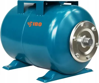 A blue pressure tank with a silver flange on the right side, resting on two blue feet.