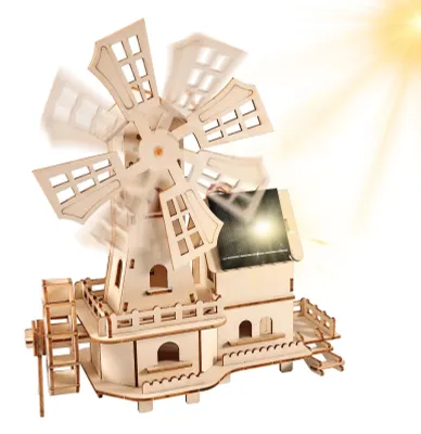 Imagen del producto de Puzzle de madera tridimensional con forma de casa, que incluye molinos de viento solares – Kit de construcción de madera para montar