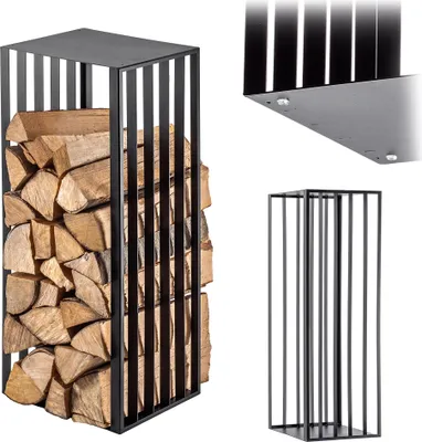 A collage of images showing a black metal firewood rack filled with logs, a close-up of the rack's structure, and an empty rack.