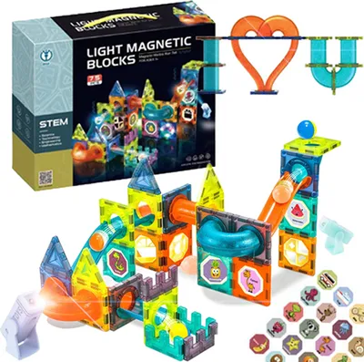 A collage of a product box and the magnetic blocks assembled into a marble run.