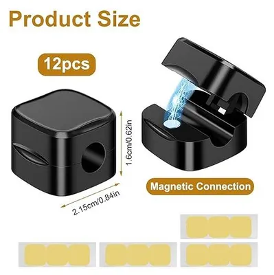 Produktbild von PolkaHome® 12er Set Magnetische Kabelhalter Kabelclips Kabelmanagement Kabelorganizer Selbstklebend Schwarz