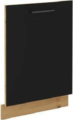 A black dishwasher door with a wooden base.