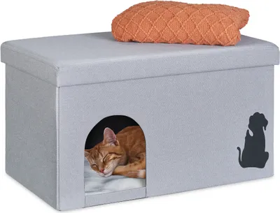 Produktbild von Relaxdays Katzenhöhle faltbar, 100kg belastbare Sitzbank, Deckel, Kissen, HBT: 40,5 x 72 x 40,5 cm, Tierversteck, grau