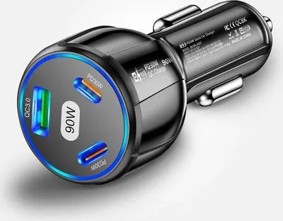 Zdjęcie produktu dla Ładowarka samochodowa 90 W, 3-pinowa, QC 3.0, PD 30 W, szybka ładowarka samochodowa, czarna