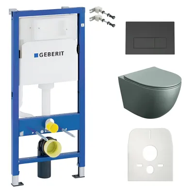Produktbild von DOMINO Geberit Duofix Basic Vorwandelement + Wand-WC Tiefspül Sinto Becken Grau Spülrandlos + Schwarze Bedienplatte Delta 25 für Doppelspülung | Set