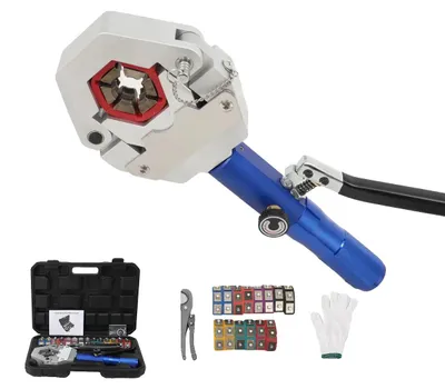 Immagine prodotto di Macchina per crimpare tubi idraulici, con una forza di pressatura di 80 kN, adatta per tubi con diametro da 14,5 a 29,5 mm, leggera e compatta, dotata di un set di matrici da 7 pezzi, dimensioni 43 x 32 x 9,5 cm