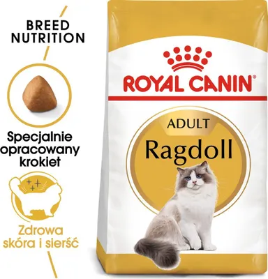 A bag of Royal Canin Ragdoll cat food with a picture of a Ragdoll cat on it.