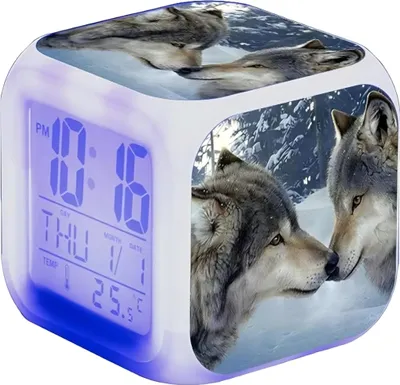 Produktbild von Kinder LED Wecker Wolf Motiv, Nachtlicht, Digital Nachttischwecker, 7 Farben, Multifunktion, USB