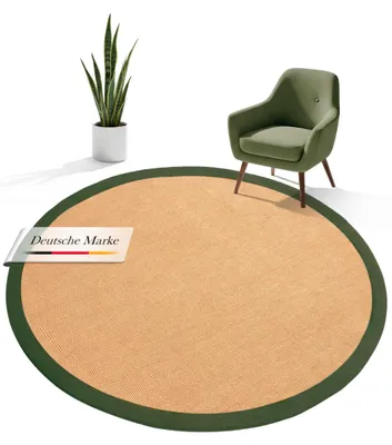 Produktbild von Sisalteppich Naturfarbe 240x340 cm handgewebt mit Bordüre aus Baumwolle in Grün | Moderner Rutschfester Flachgewebeteppich Uni aus Naturfasern für Wohnzimmer, Schlafzimmer