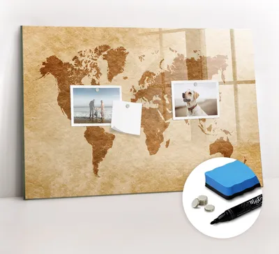 Produktbild von Magnetpinnwand Memoboard - Zubehörsatz - Schwarzer Marker + Schwamm + Magnete - 60 x 40 cm - Weltkarte im alten Stil