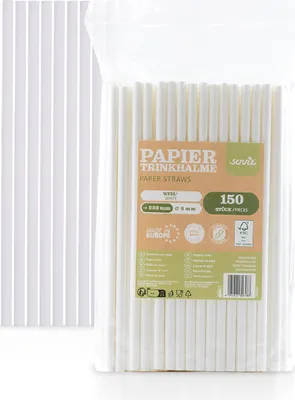 Produktbild von Trinkhalm in Weiß aus Papier, Ø 8 mm / 23 cm, 150 Stück in Folienbeutel