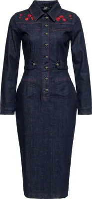Produktbild von QUEEN KEROSIN Feminin Betontes Jeans-Bleistiftkleid Mit Floraler Stickerei Im Western-Stil Roses Denim Xxl