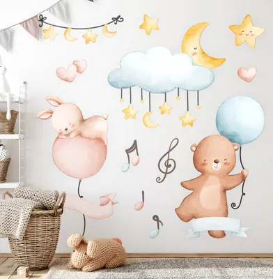 Produktbild von Tiere und Luftballons – Wandgestaltung – Wandbilder Kinder – Motivtapeten Set – Wanddekor Kinderzimmer – Selbstklebende Wandsticker – 80x119 cm