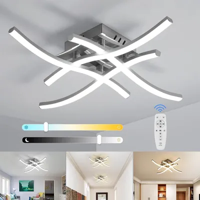 Zdjęcie produktu dla Oświetlenie sufitowe LED, 3 kolory, możliwość regulacji jasności, sterowanie pilotem. Nowoczesna lampa sufitowa, biała, 42W, z 4 listwami LED. Idealna do salonu, sypialni, kuchni i przedpokoju