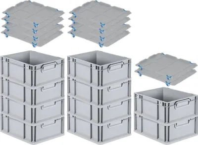Produktbild von SuperSparSet 10x Eurobox NextGen Grip mit Auflagedeckel inkl. 4 blauen Schiebeschnappverschlüssen | HxBxT 17x30x40cm | 16 Liter | Grau | Griffe geschlossen | Glatter Boden | Eurobehälter, Transportbox, Transportbehälter, Stapelbehälter