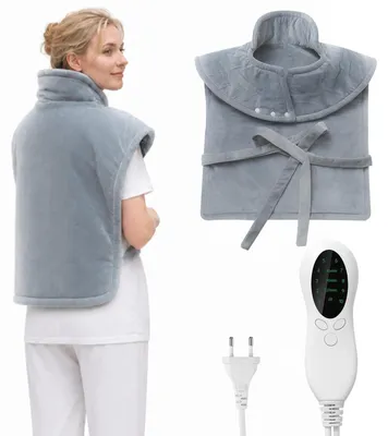 Obrázek produktu pro Elektrická vyhřívací podložka na záda a šíji - 60 x 90 cm - Flanel modrošedá - S popruhem - 10 teplotních stupňů