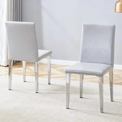 Produktbild von 2er-Set Esszimmerstühle, hellgraues Kunstleder, silberne Metallbeine, minimalistisch, 90 cm