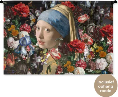 Produktbild von MuchoWow® Wandteppich Wandbehang Das Mädchen mit dem Perlenohrring - Johannes Vermeer - Blumen 150x100 cm Tapisserie Dekoration Wandtuch - Waschbar - Tapisserien - Wand-Decke