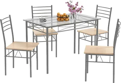 Produktbild von Esstisch mit 4 Stühlen, Essgruppe 5-teilig, Küchentisch Set mit Glastischplatte & Metallrahmen, Esszimmergruppe für 4 Personen, Sitzgruppe für Esszimmer Wohnzimmer