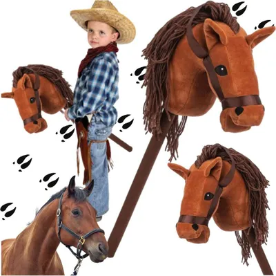 A collage of a child dressed as a cowboy with a hobby horse, and a real horse.